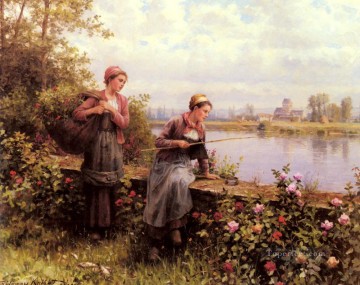  countrywoman Painting - Maria And Madeleine Fishing countrywoman Daniel Ridgway Knight Flowers
